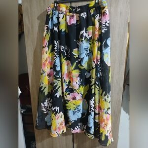 Black Floral A-Line Skirt with Pink and Yellow Blooms